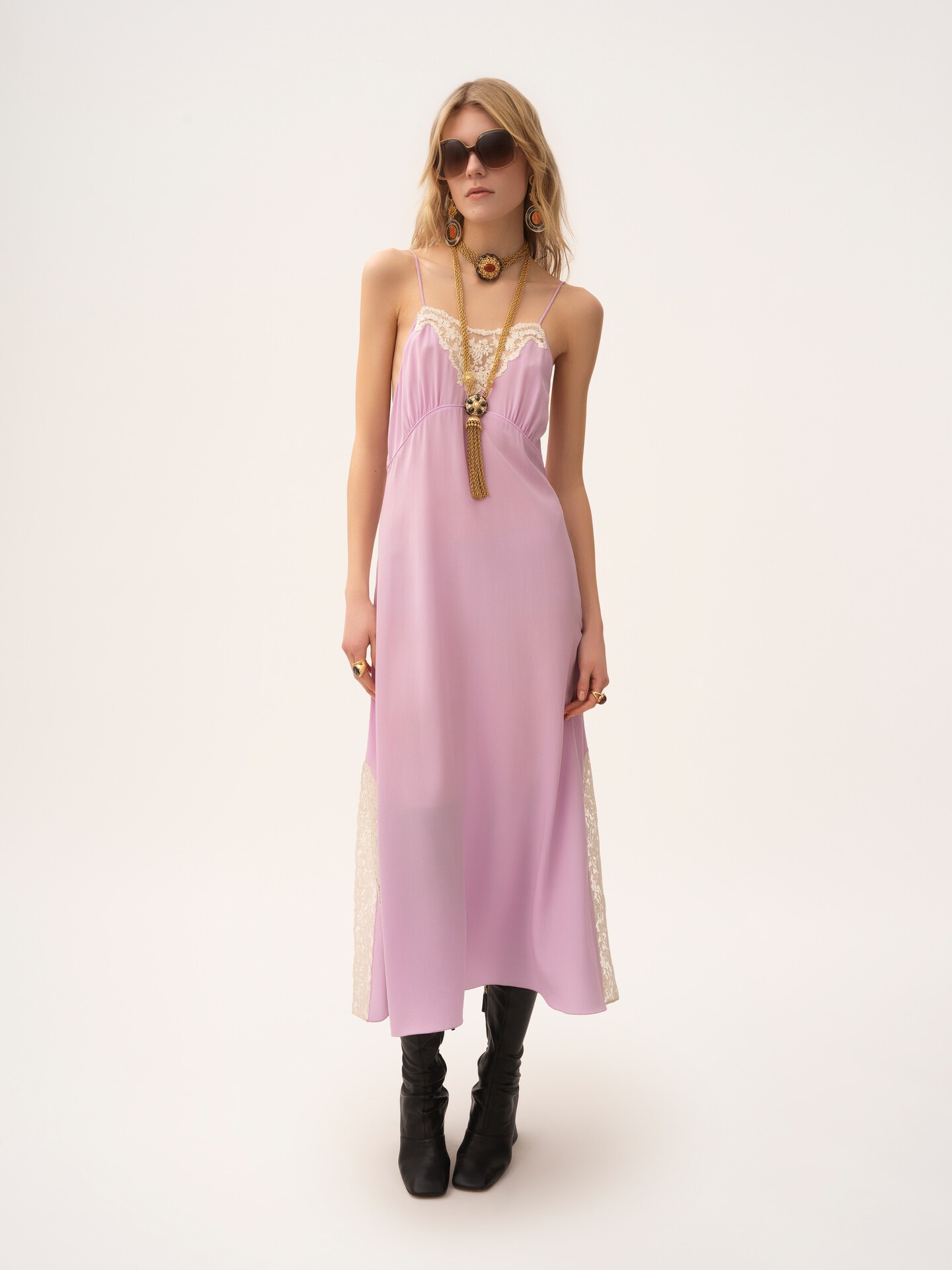 Chloe Thin-strap Midi Dress in Crêpe de Chine & Lace