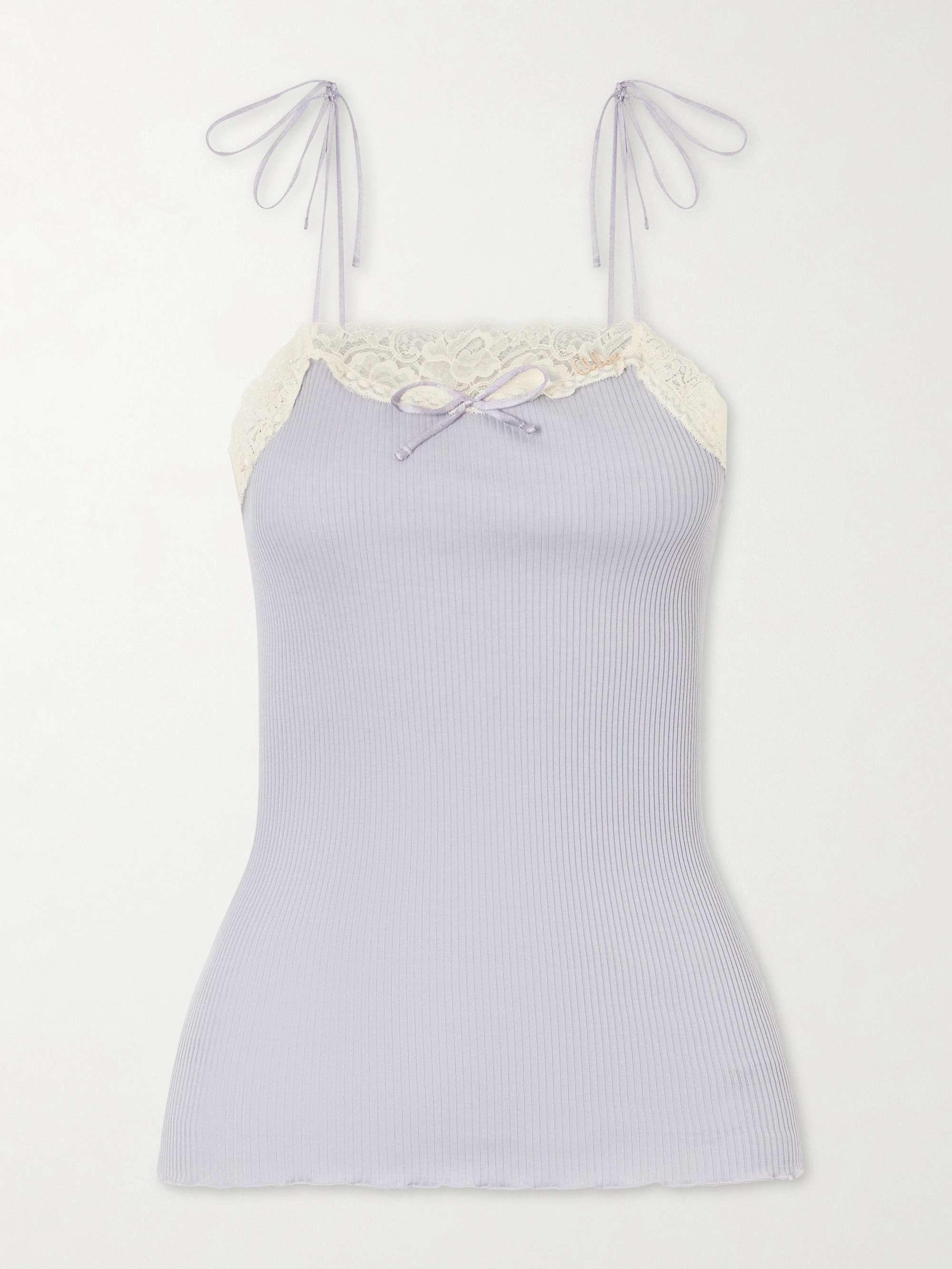 CHLOÉ Logo-embroidered lace-trimmed cotton and silk-blend tank