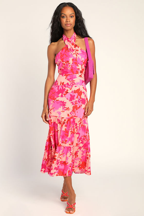Lulus Always Eye-catching Hot Pink Floral Tiered Halter Midi Dress