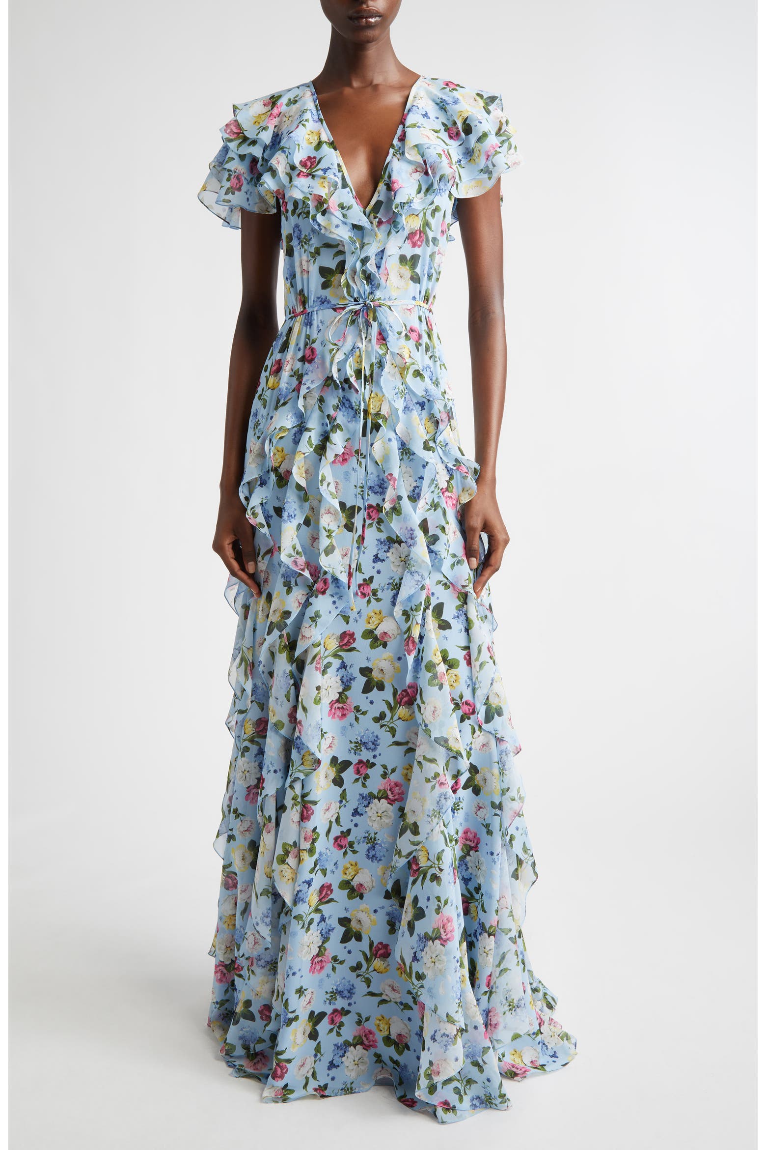 Carolina Herrera Floral Ruffle Silk Chiffon Gown