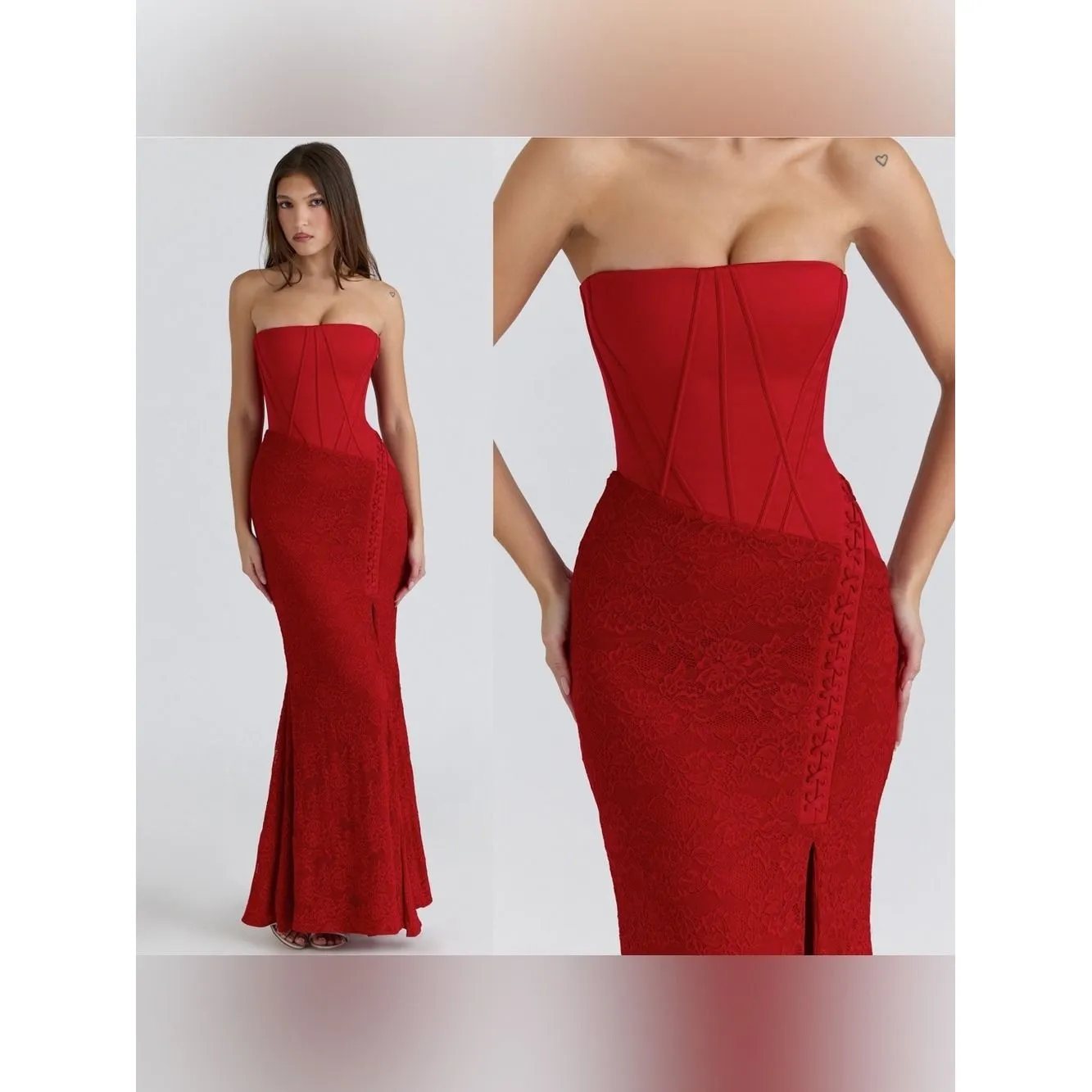 Mydreamcloset__ House of CB Valerie Red Satin Lace Strapless Maxi