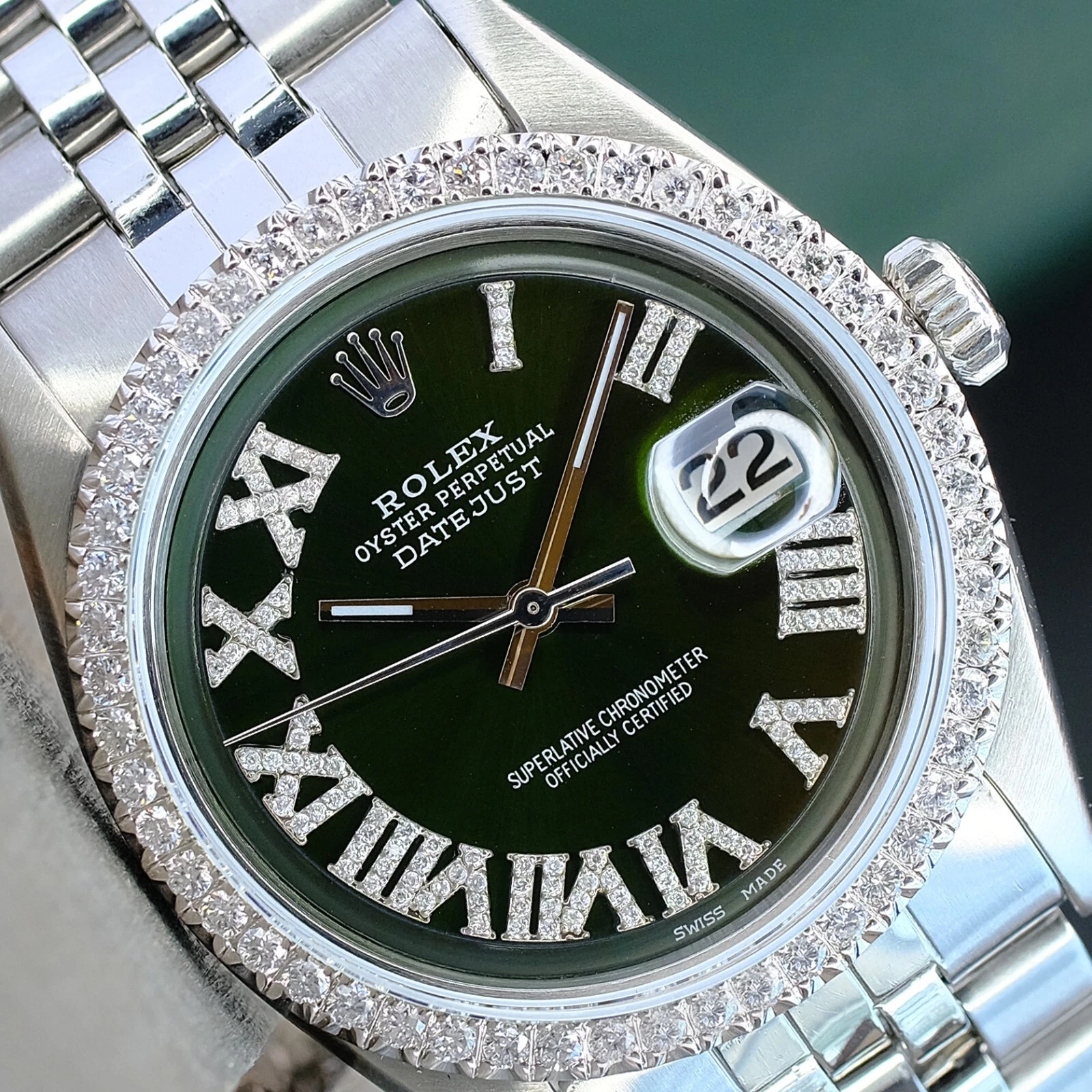 Rolex Green Dial with Silver and Diamonds Wrist Watch — Green Dial