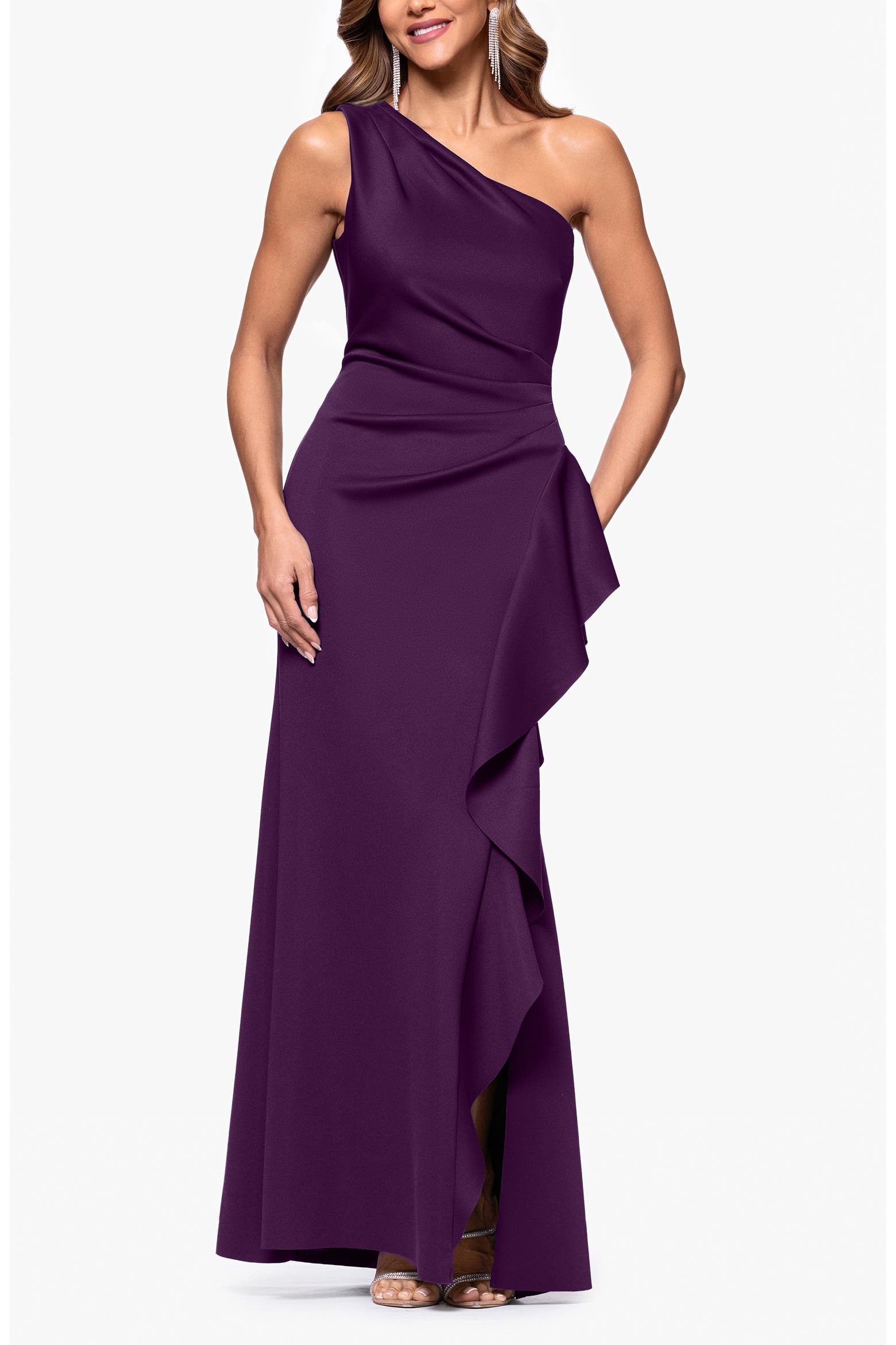 Xscape Evenings One-shoulder Ruffle Scuba Crepe Gown