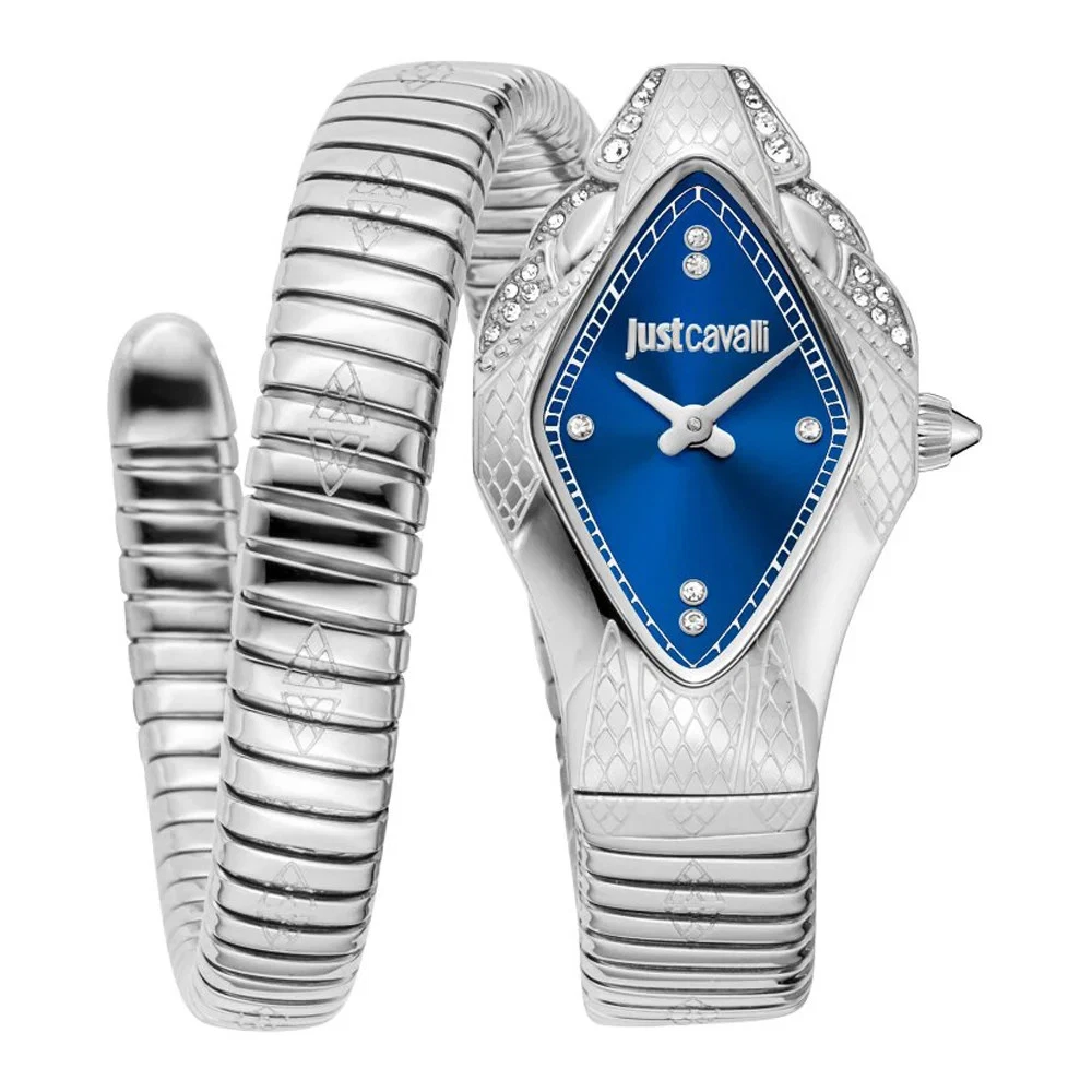 Just Cavalli Silver and Blue Wristwatch — Snake Wrap Bracelet Design