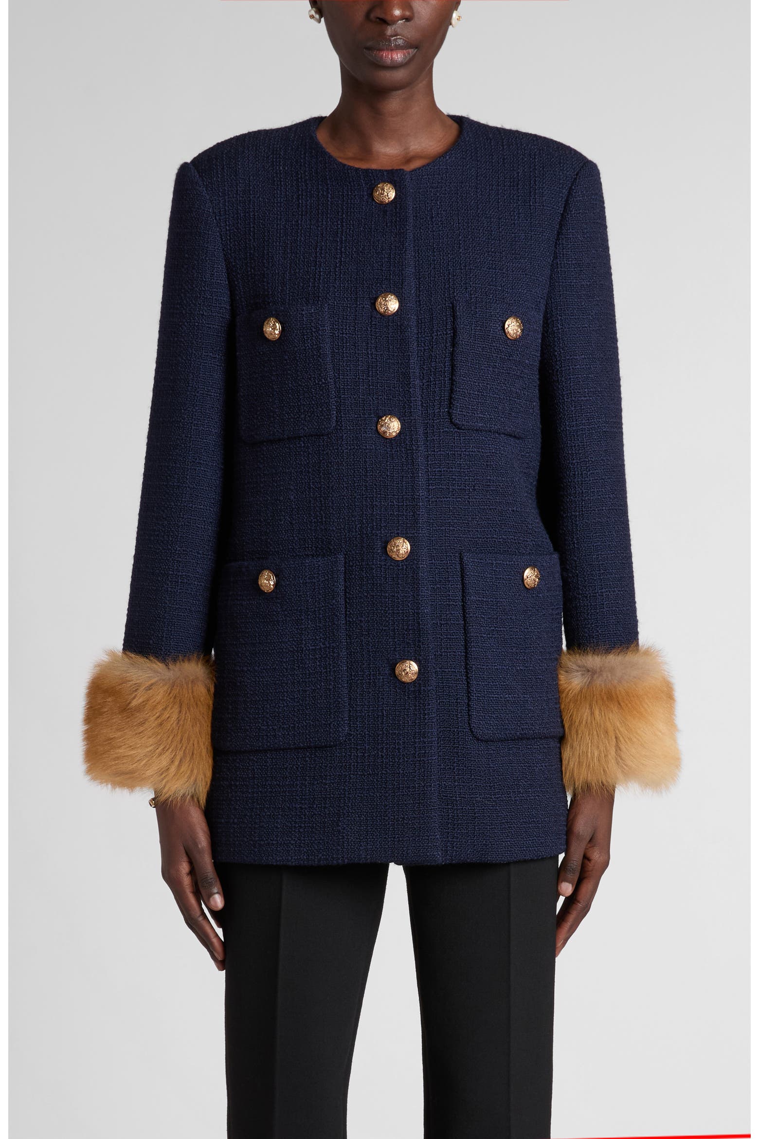 Valentino Garavani Wool Blend Tweed Jacket with Faux Fur Cuffs