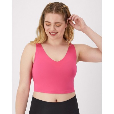 Hanes Hot Pink Padded Crop Top — V-neckline, Wide Straps, Seamless