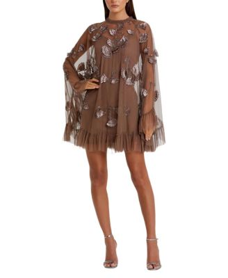 Mac Duggal Embellished Long Flare Sleeve Mesh A-line Dress