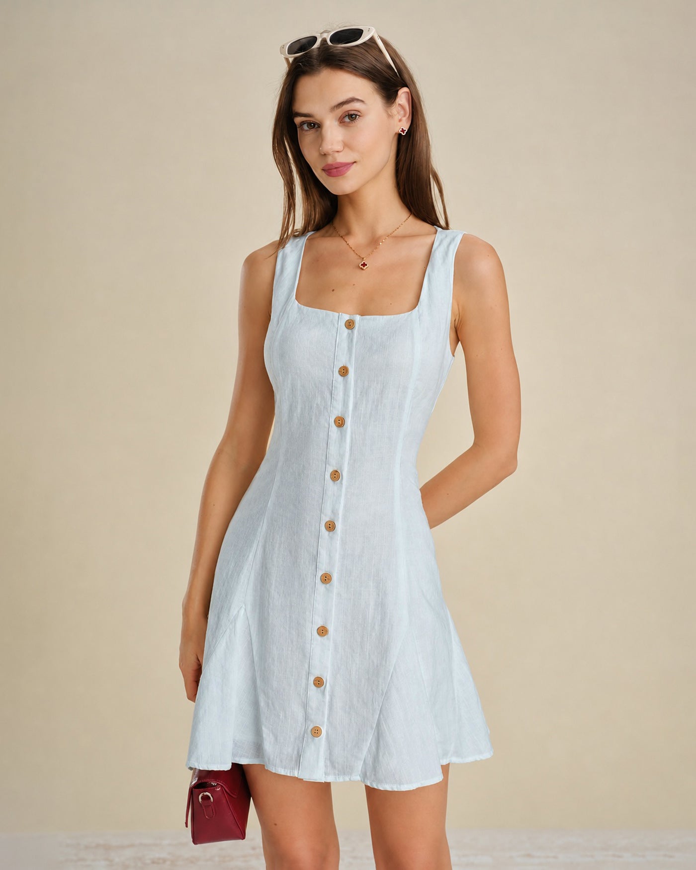 RIHOAS Blue Square Neck Textured Mini Dress