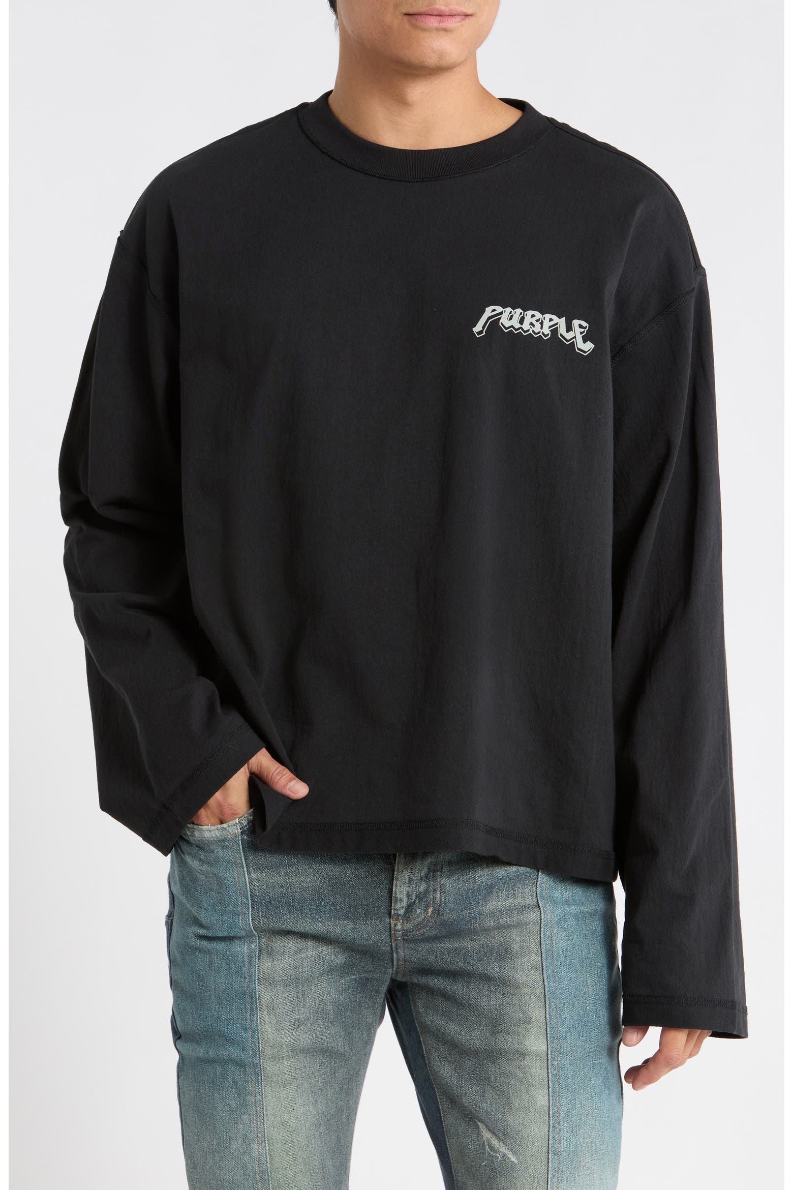 PURPLE BRAND Crop Wide Long Sleeve Graphic T-shirt