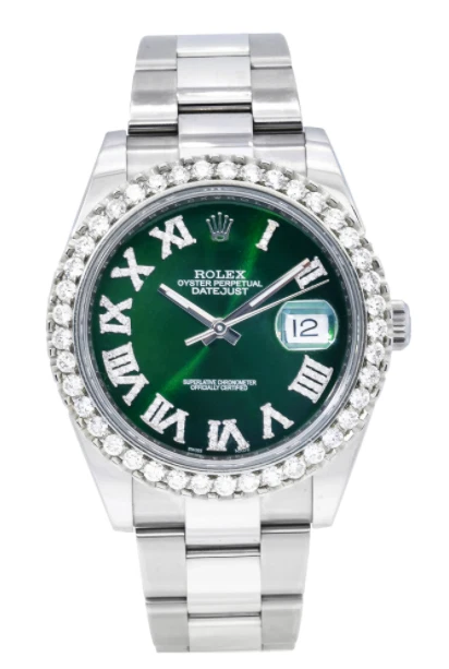 Rolex Green and Silver Wrist Watch — Green Sunburst Dial, Diamond