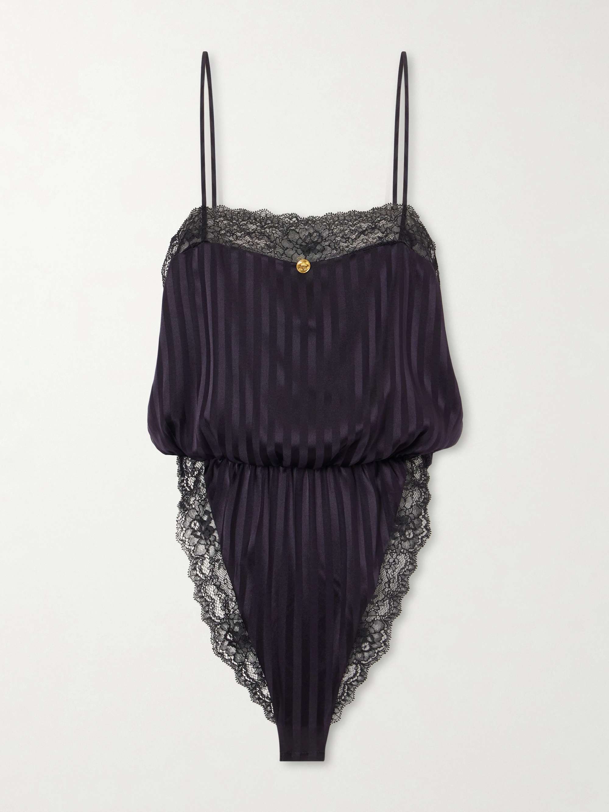 VERSACE Striped Lace-trimmed Silk-blend Bodysuit