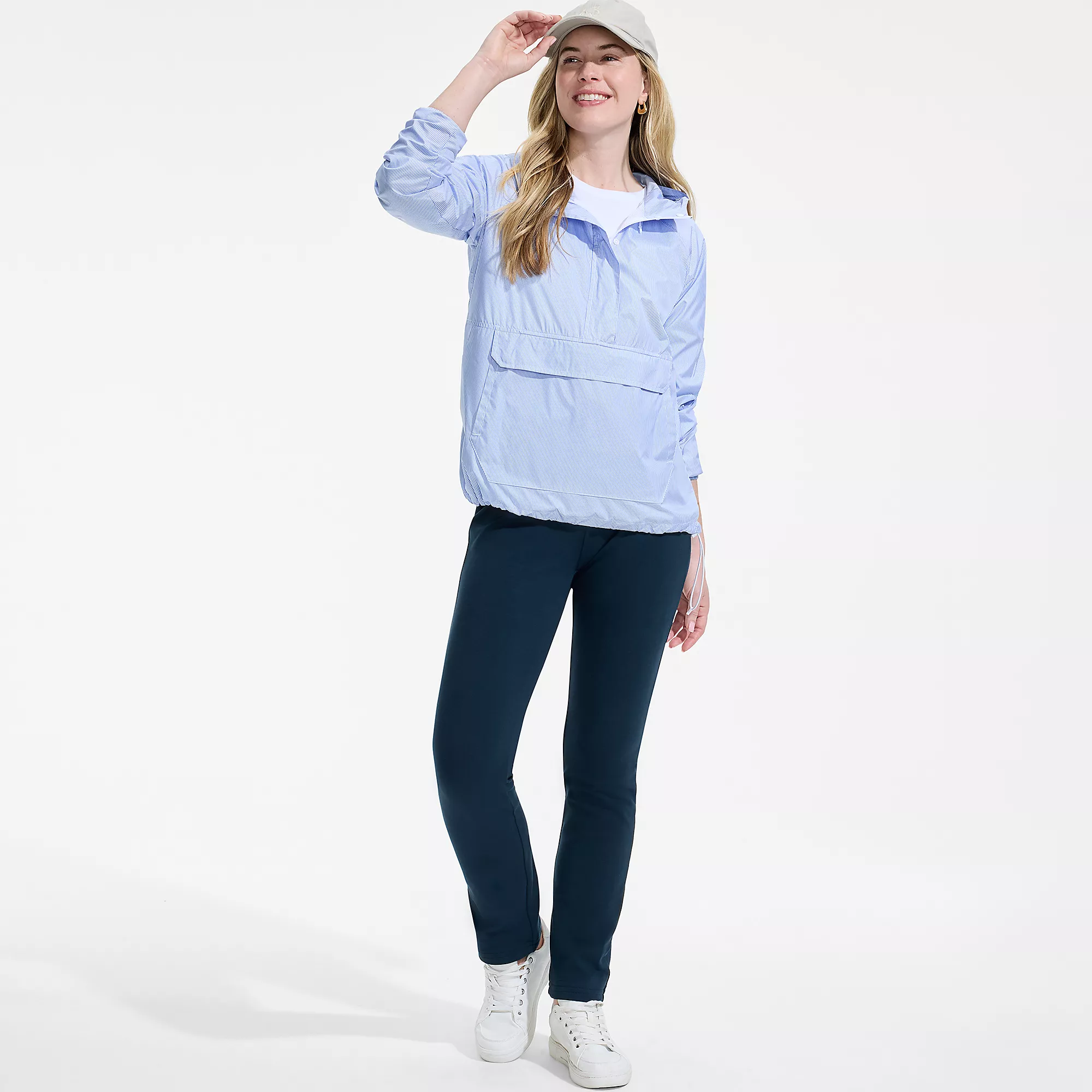 Casual Navy Blue Slim Leg Pants — Mid Rise, Clean Waistband, Slim Fit