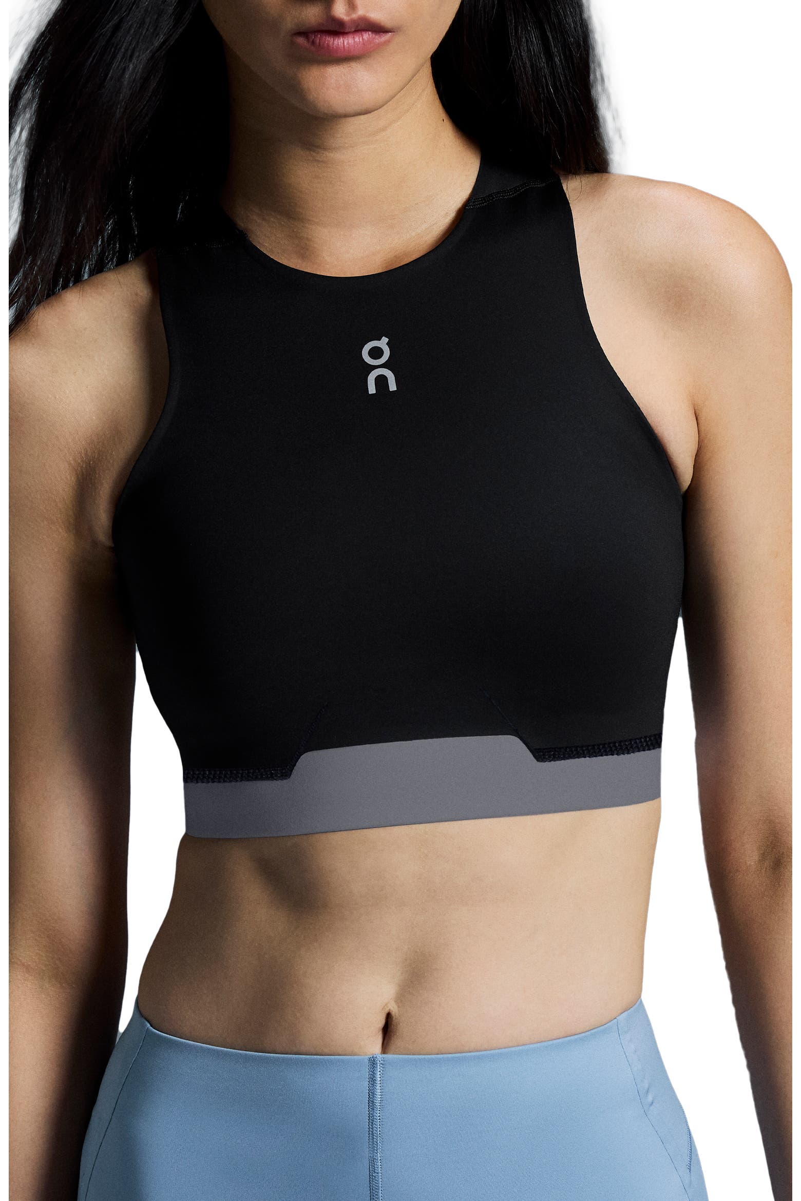 On Black Sports Bra — High Neckline, Contrast Grey Underband, White