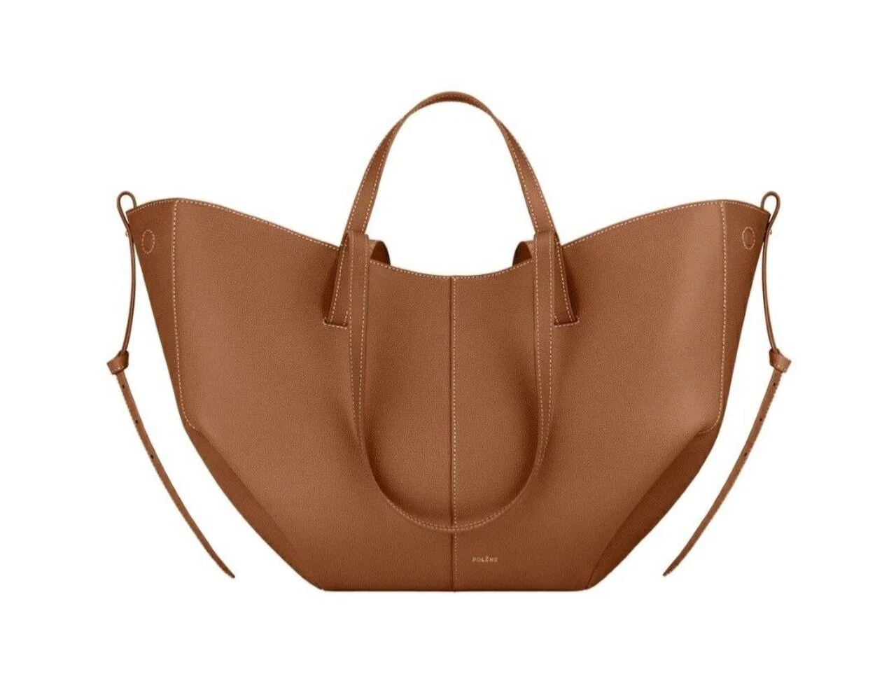 Polene Camel Brown Tote Bag — Structured Winged Sides, Dual Top