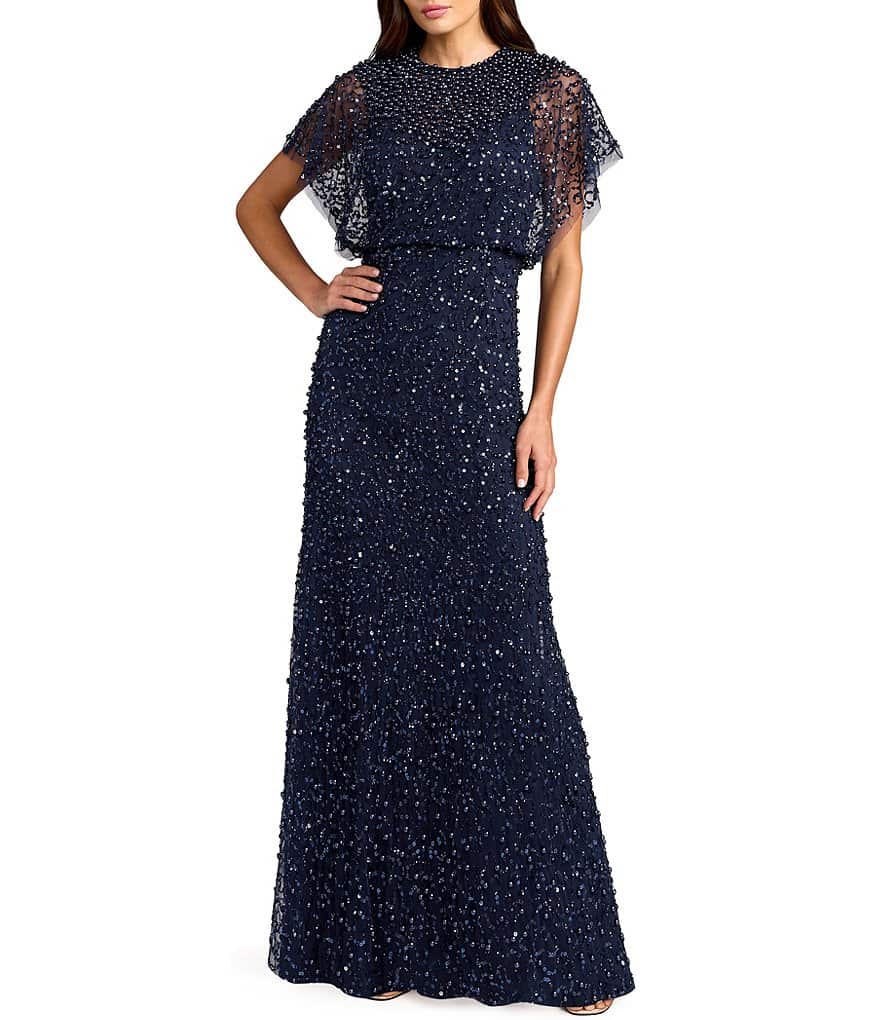 Mac Duggal Pearl Sequin Beaded Mesh Boat Neck Short Flutter Sleeve