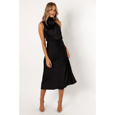 Minimalist Black Midi Dress — Halter Neck, Sleeveless, High Neckline