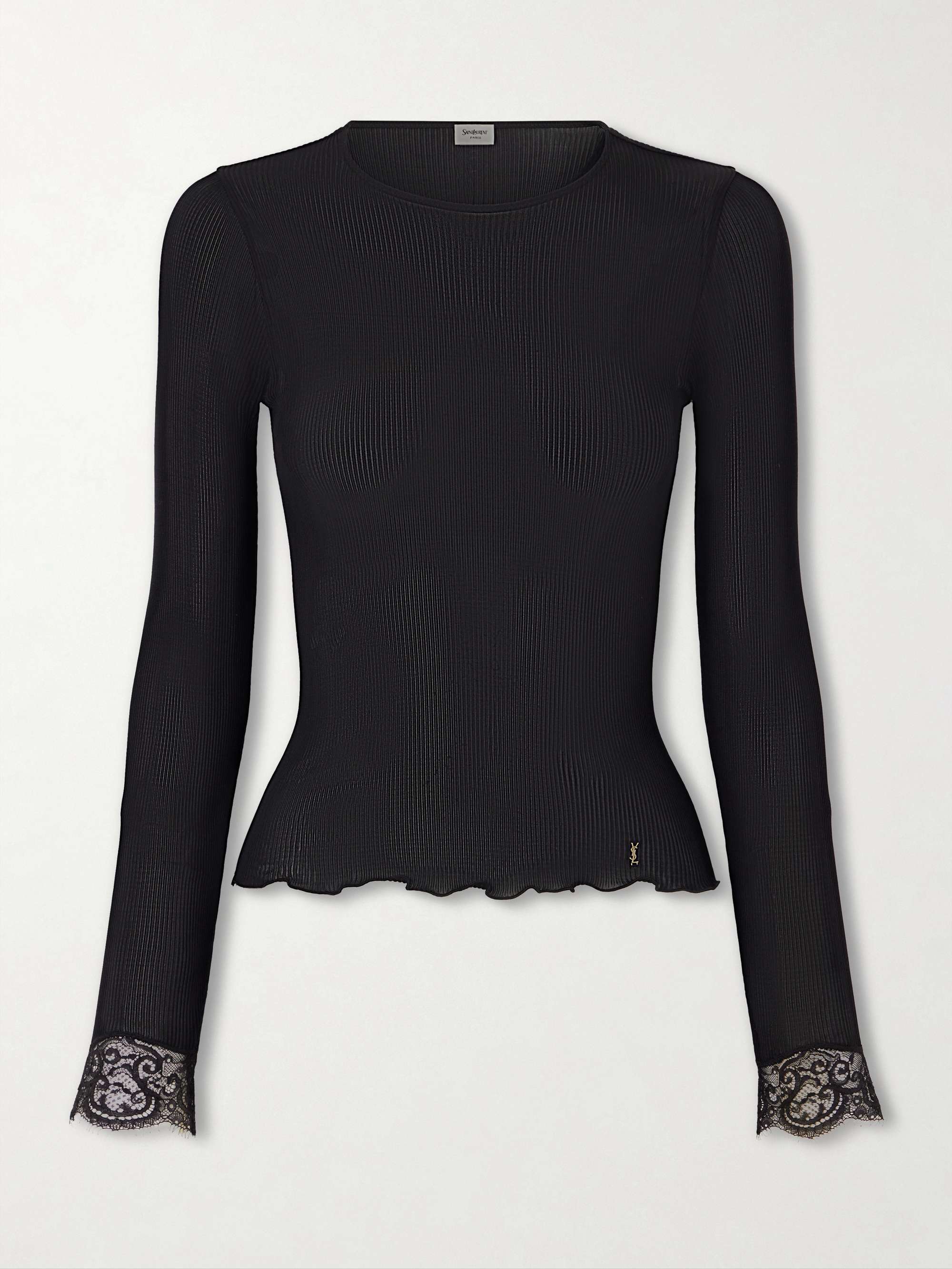 SAINT LAURENT Lace-trimmed Ribbed-knit Silk T-shirt