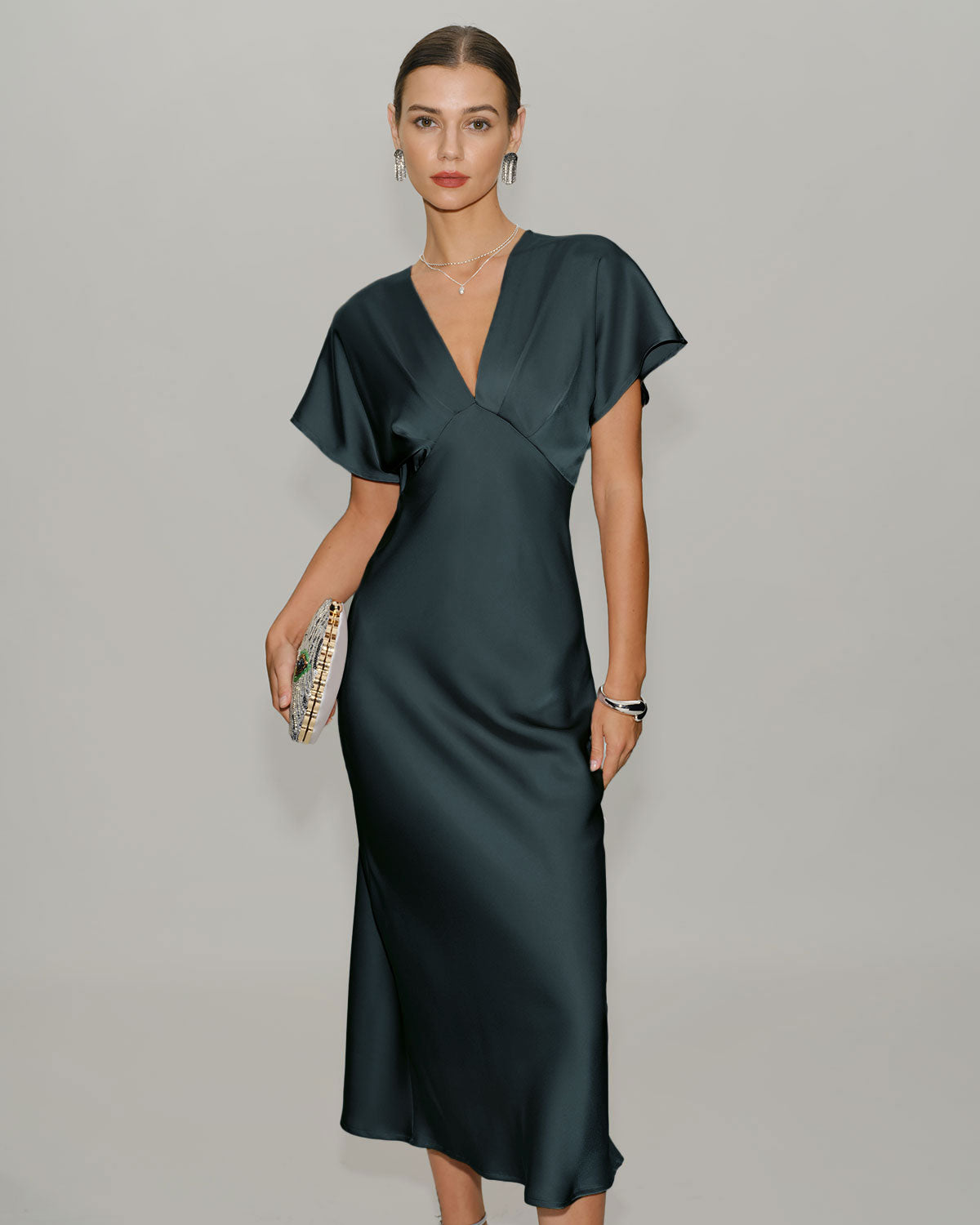 RIHOAS Grey Green Satin Cowl Sleeve Midi Dress