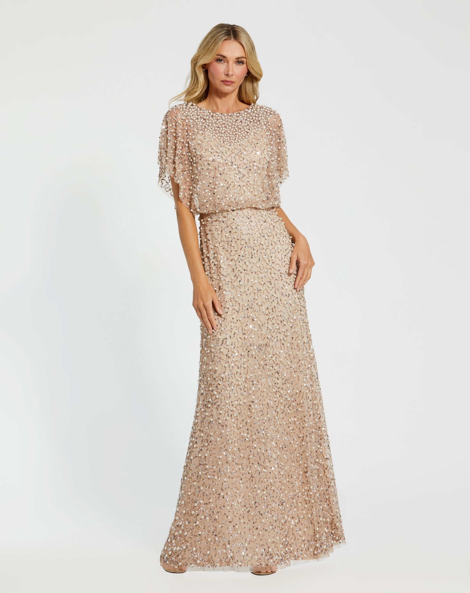 Mac Duggal Beige High Neck Short Sleeve Embellished Gown