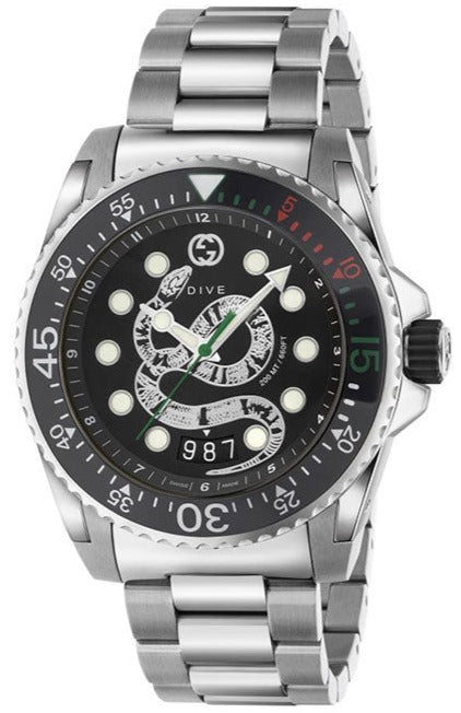 Gucci Dive Snake Black Dial Silver Steel Strap Watch for Men