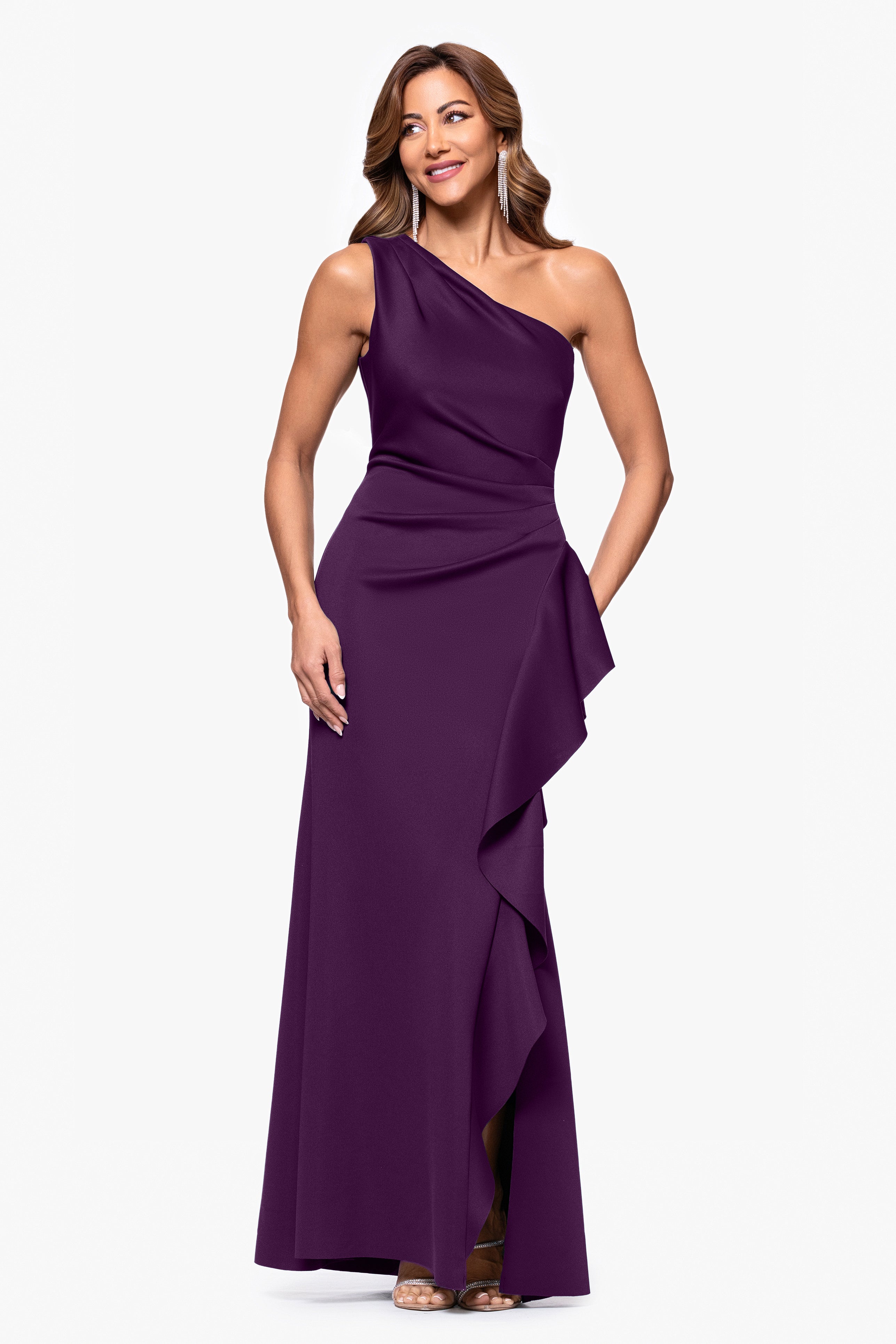 6620XP Petite "flo" Techno Scuba One Shoulder Ruffle Dress