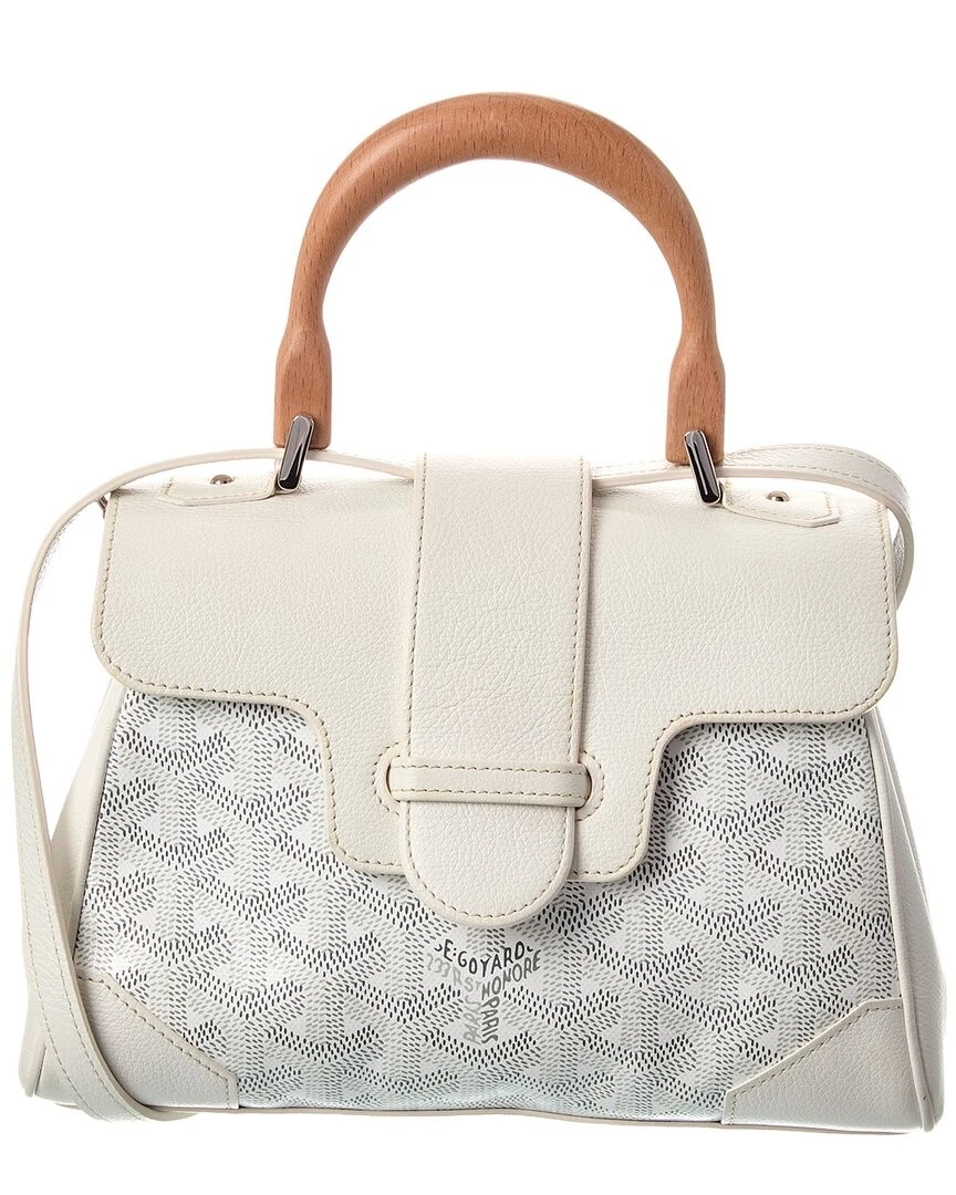 Goyard White and Wood Handbag — Wooden Top Handle, Front Flap Closure