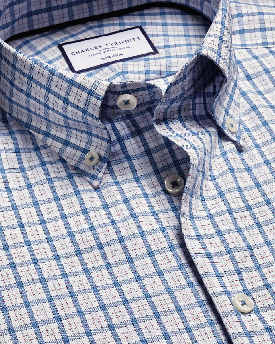 Button-down Collar Non-iron Stretch Pinpoint Oxford Check Shirt - Blue