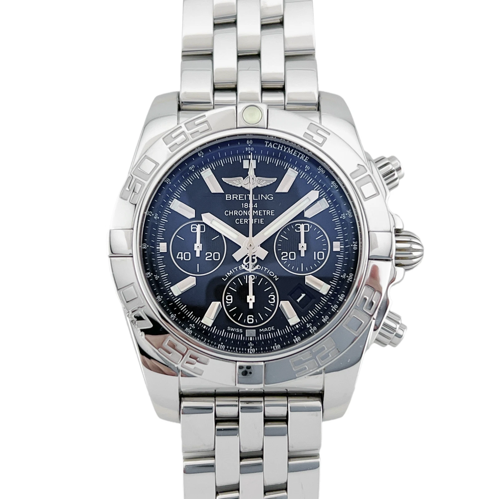 Breitling Silver and Blue Chronograph Watch — Blue Dial, Tachymeter