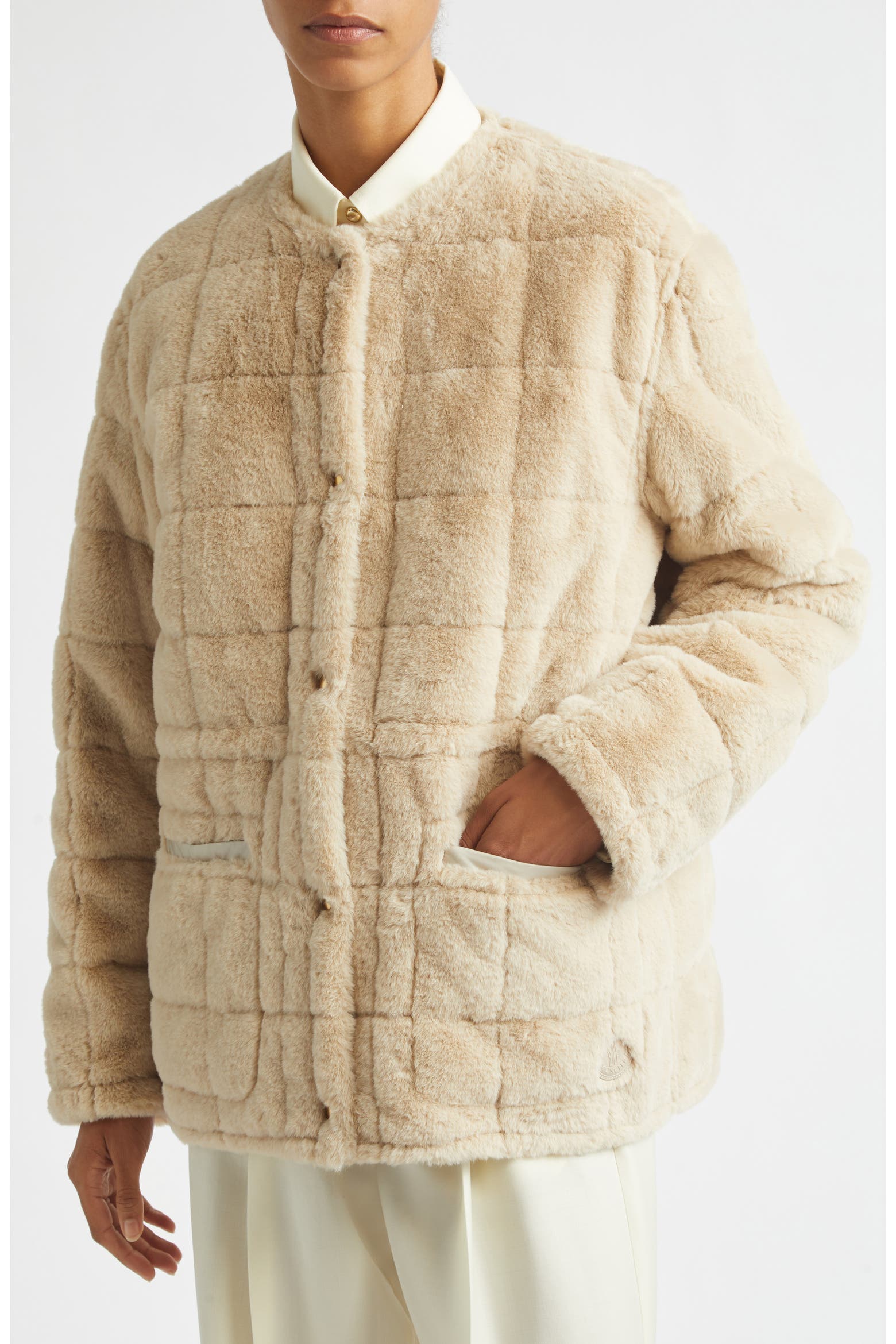 Moncler Tipule Box Quilted Down Jacket with Faux Fur Trim
