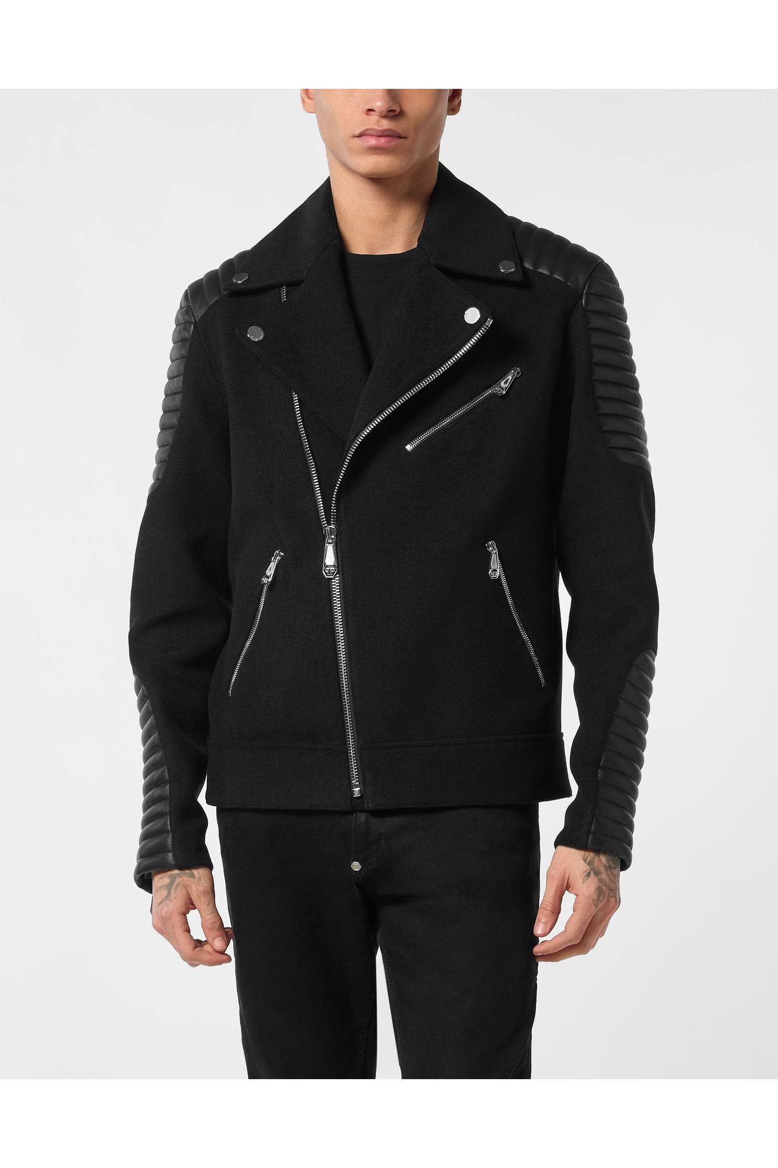 PHILIPP PLEIN Wool Biker Jacket with Leather Inserts Men
