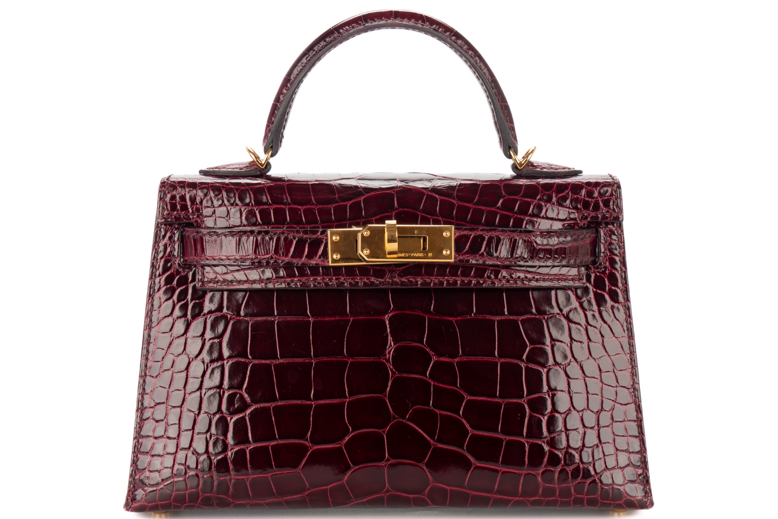 Hermès Mini Kelly Bordeaux Shiny Alligator Gold Hardware - Love