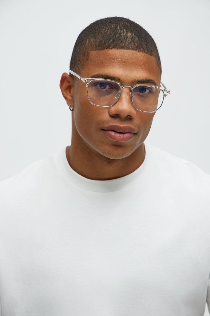 mid-range contemporary clear frame silver metal clubmaster eyeglasses blue light blocking