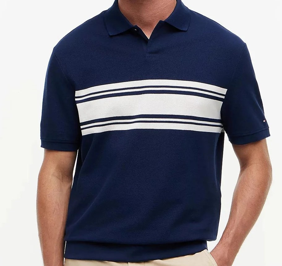 Tommy Hilfiger men's polo shirt navy blue knitted cotton Tommy Hilfiger horizontal chest stripe with thin navy lines preppy
