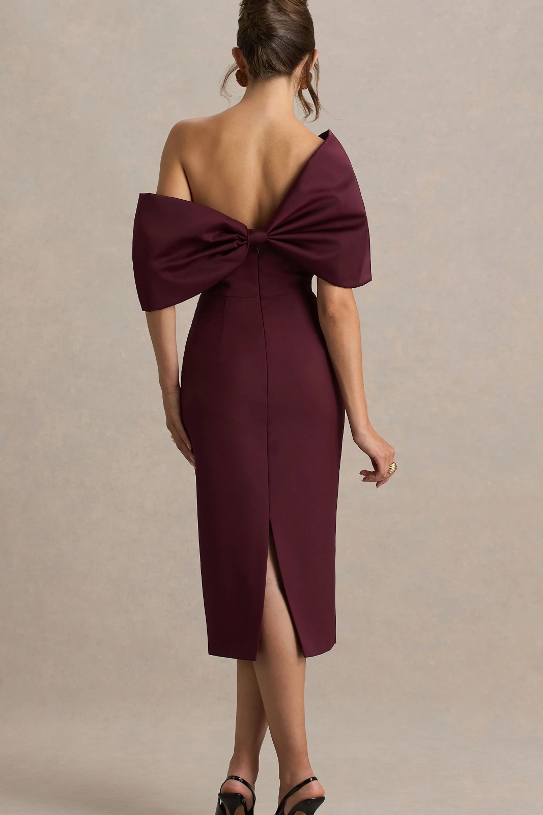 Lucille | Burgundy Asymmetric Bardot Midi Dress with Bow Detail