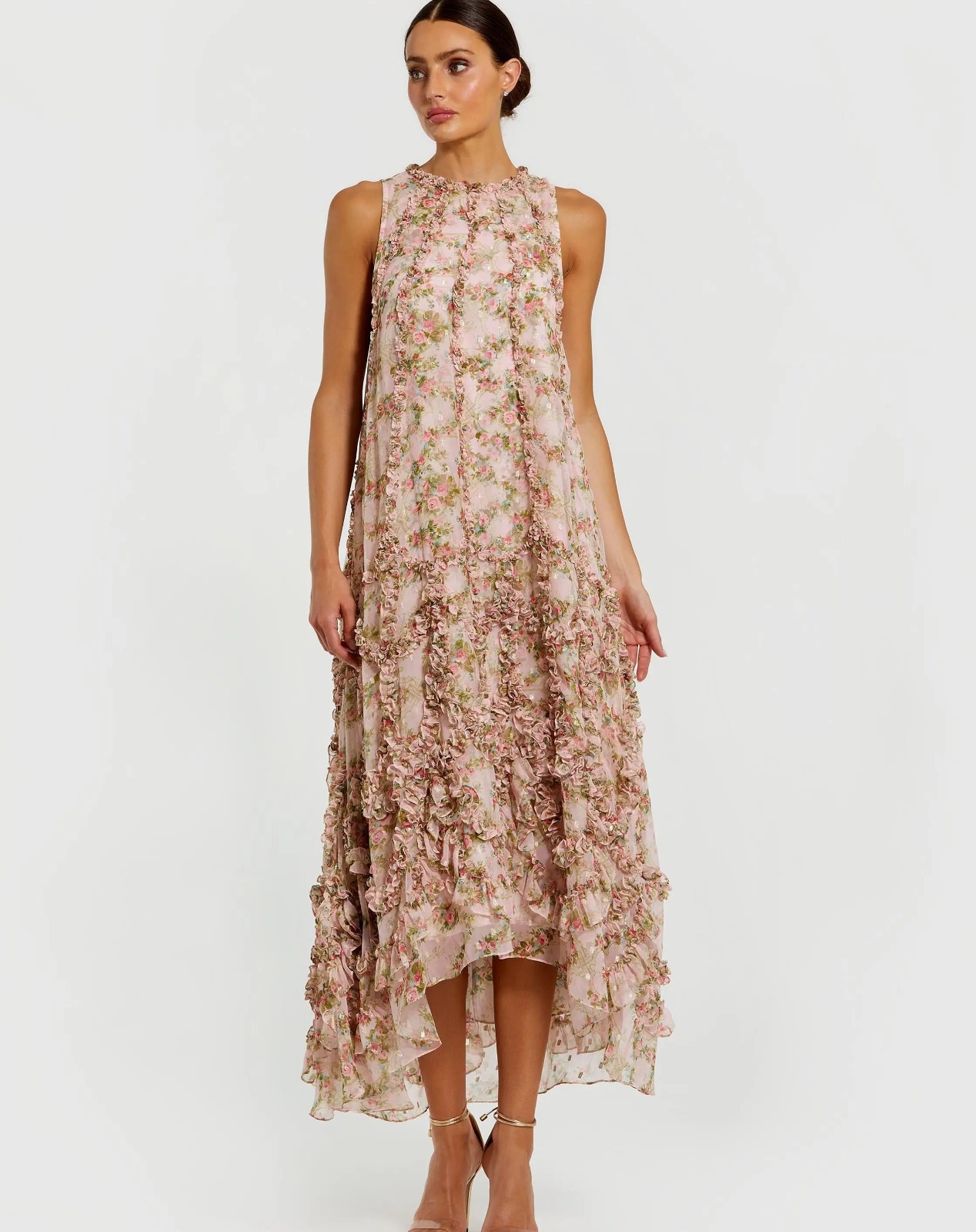 Pink Sleeveless Floral Micro Ruffle Trapeze Midi Dress