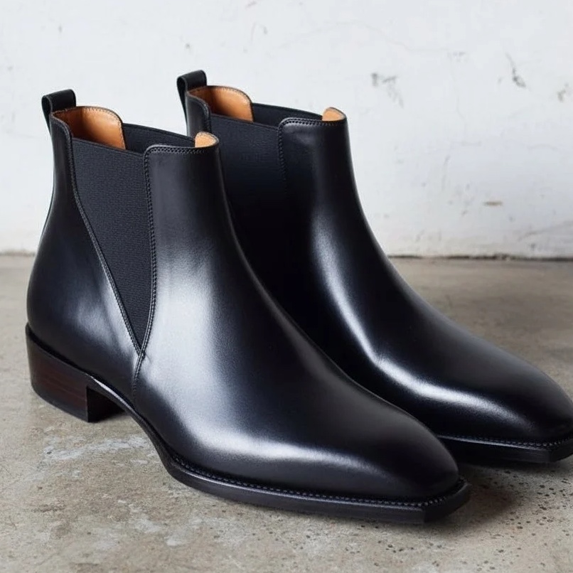 Handmade Black Leather Square Toe