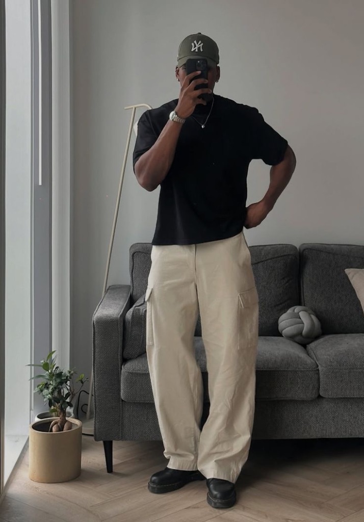 mid-range contemporary light beige loose fit cargo pants wide leg