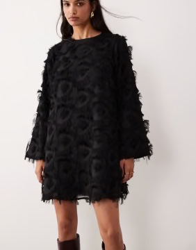 YAS Fluffy Textured Long Sleeve Mini Dress in Black
