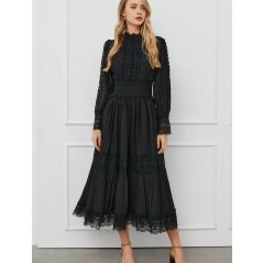 Victorian Elegance Cutwork Lace Maxi Dress in Black for Gala Dinners