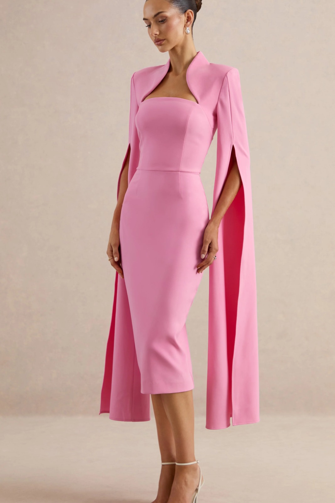 Linden | Pink Fitted Cape-sleeve Midi Dress