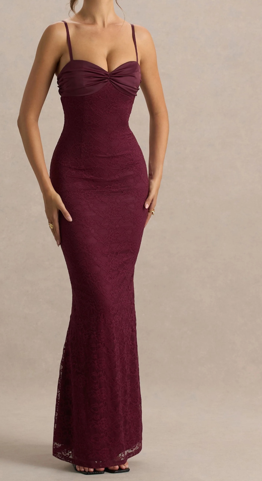Juana | Burgundy Lace and Satin Sweetheart-neck Satin Maxi Dress
