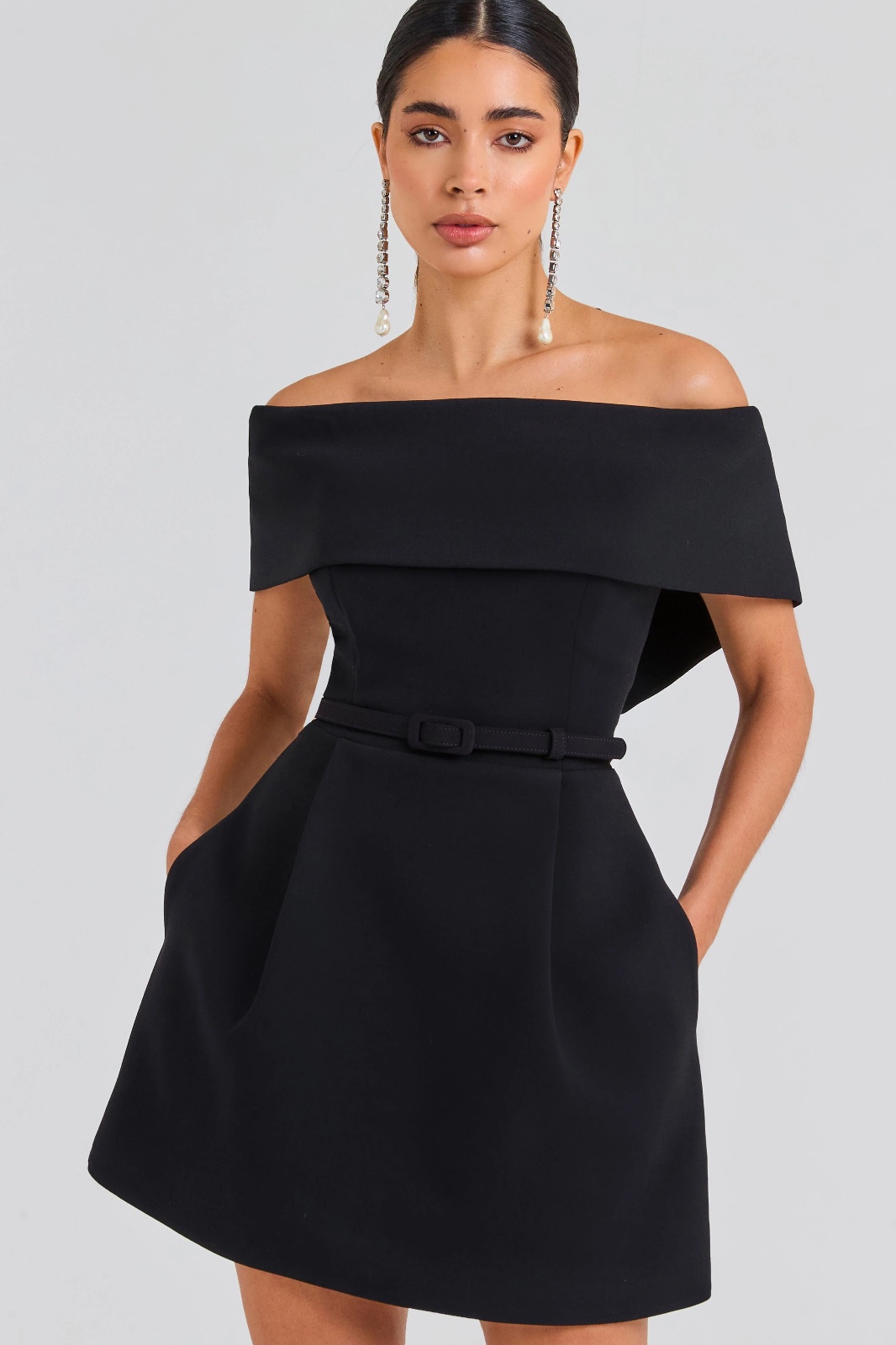 Harper Black Bardot Mini Dress | NADINE MERABI