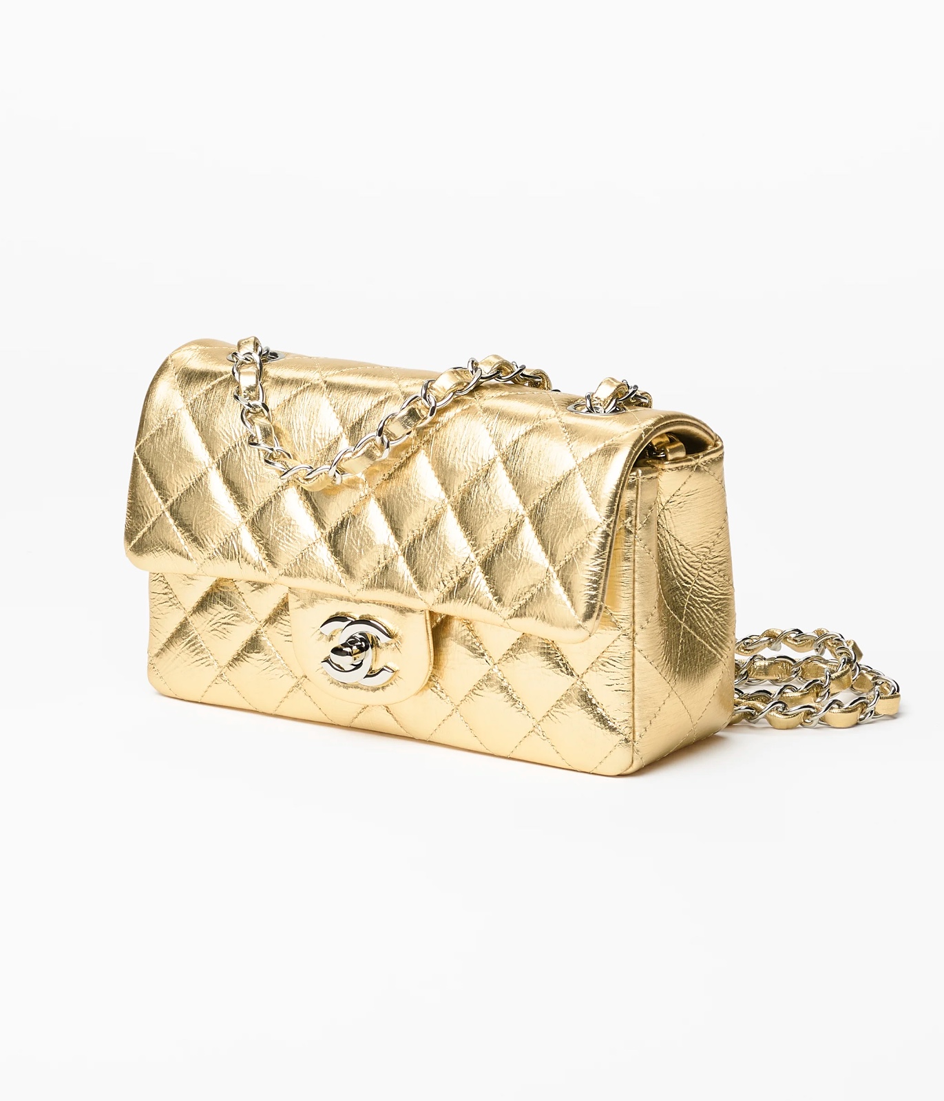 Mini Classic Handbag Metallic Crumpled Calfskin Silver Tone Metal