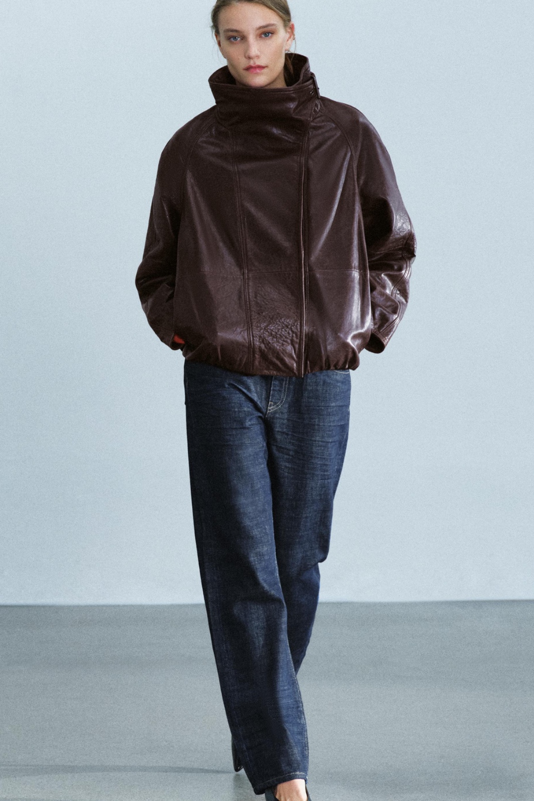 ZW Collection 100% Leather Stand up Collar Jacket