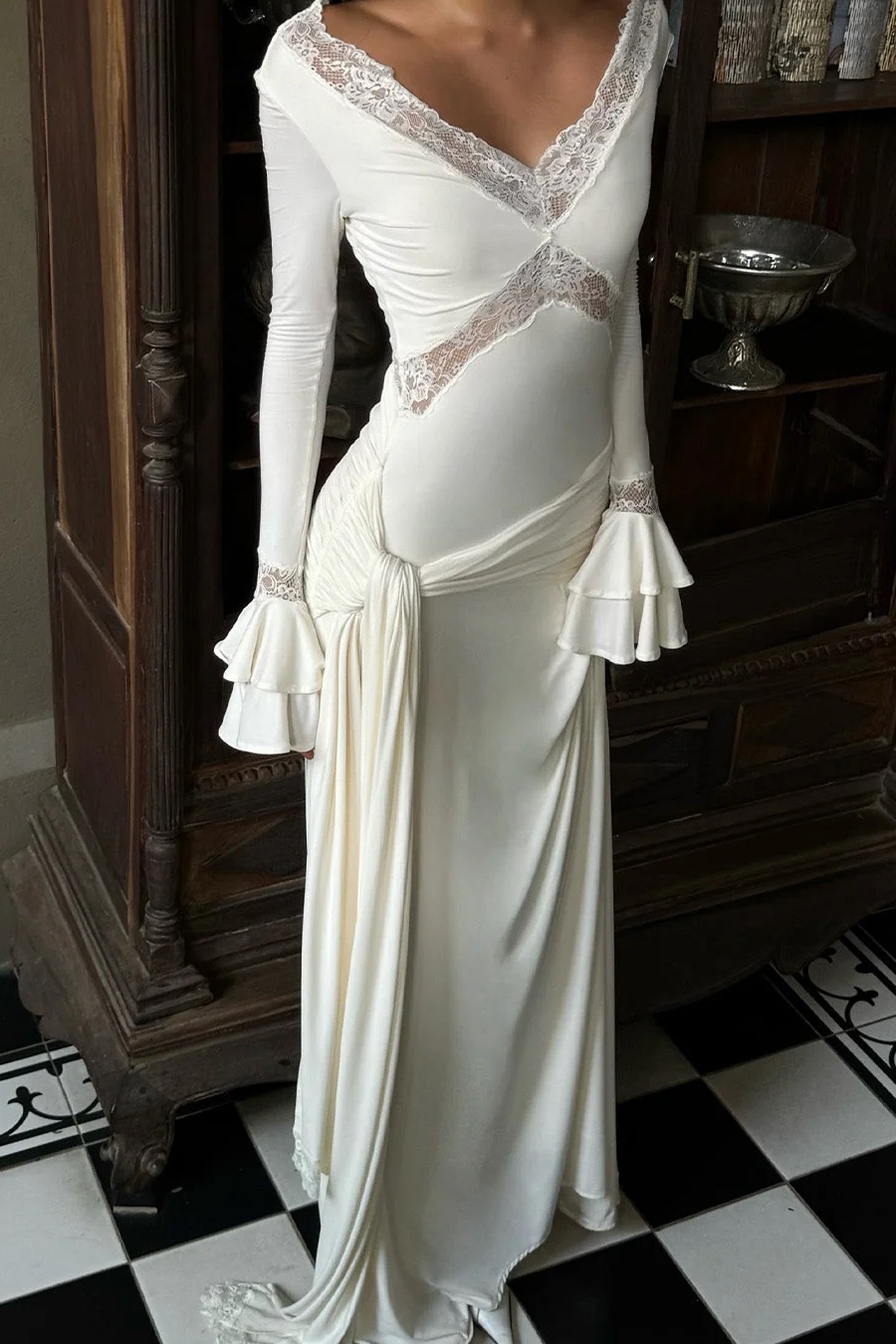 Electra Slinky Lace Maxi Dress - Ivory