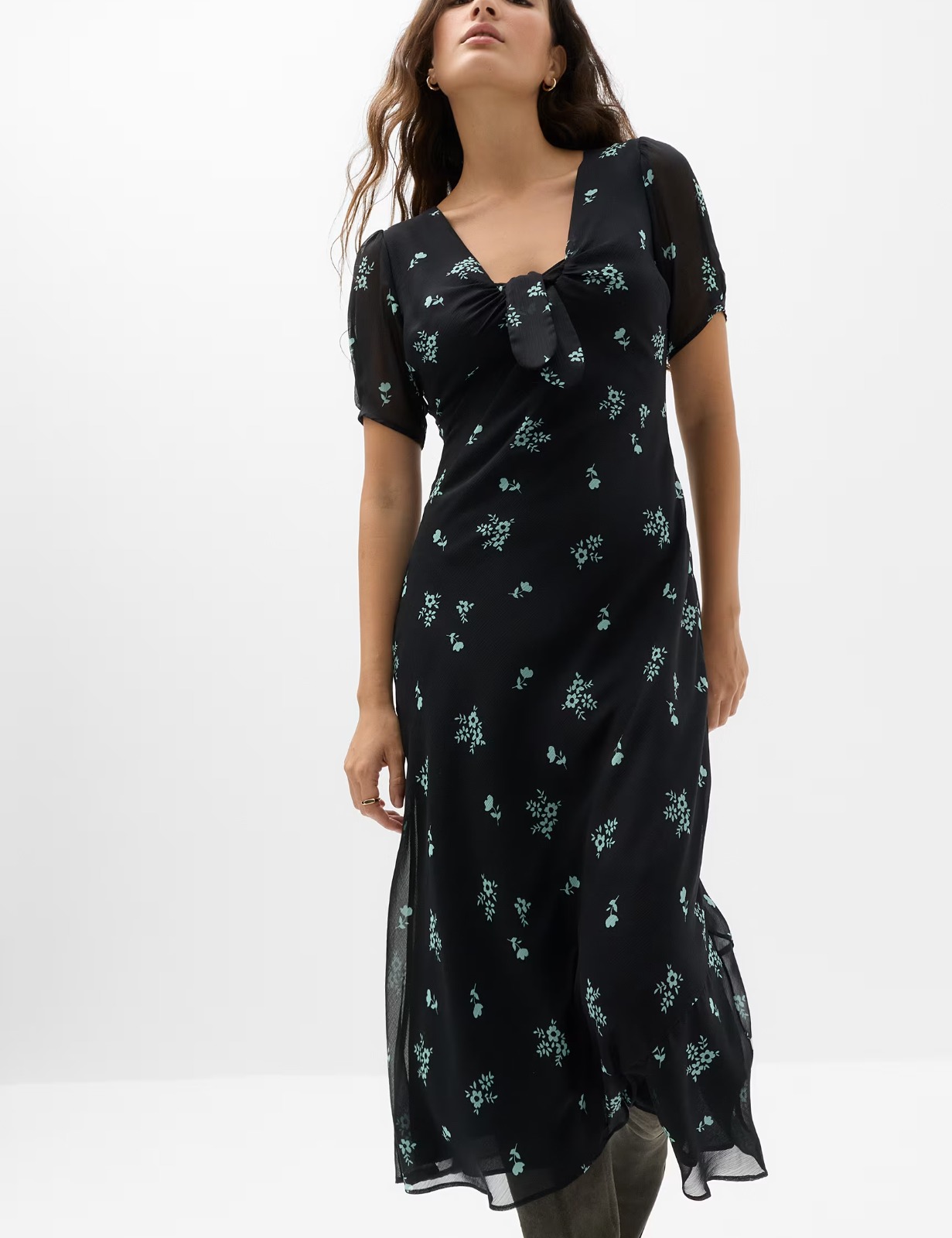 Floral Puff Sleeve Tie Detail Midaxi Tea Dress
