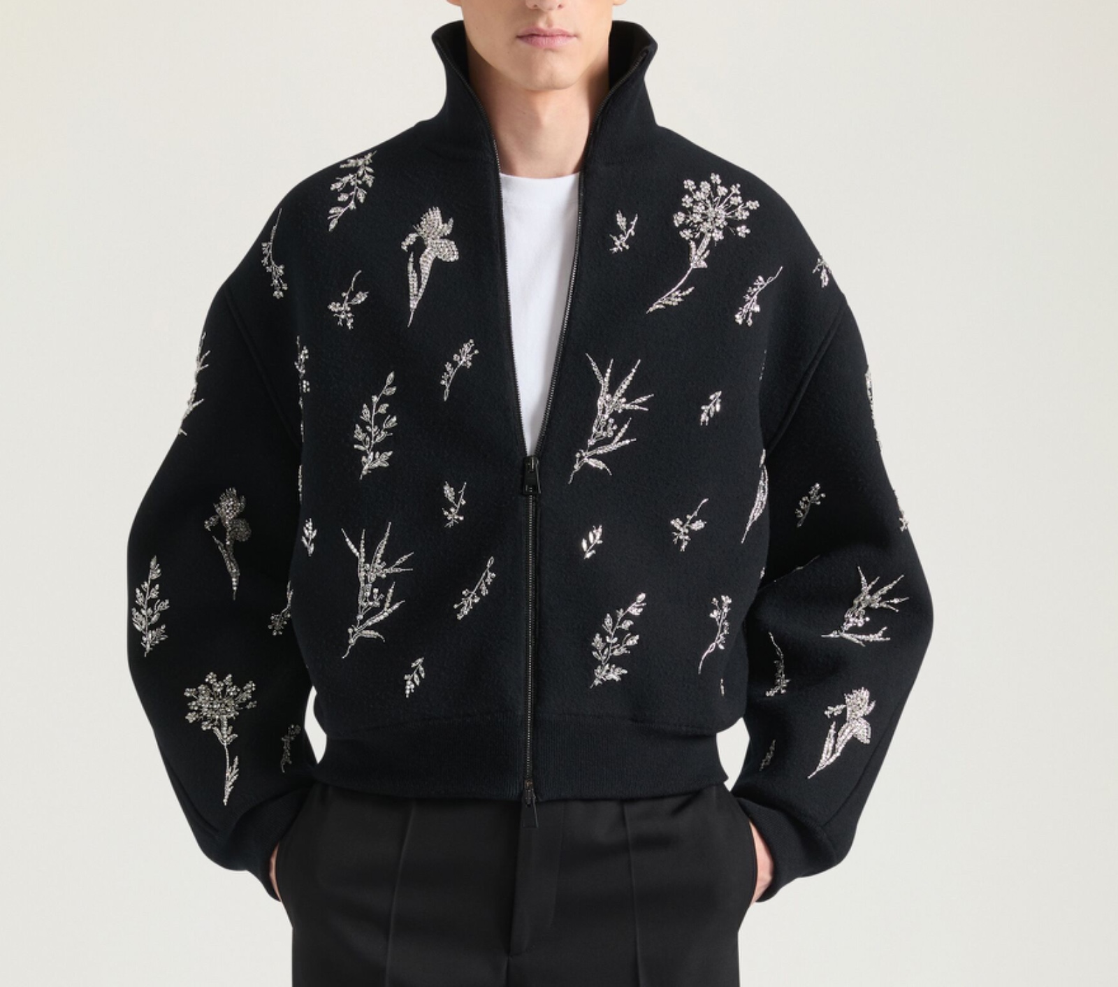 Cocoon Bomber in Wool Knit with Crystal Embroidery