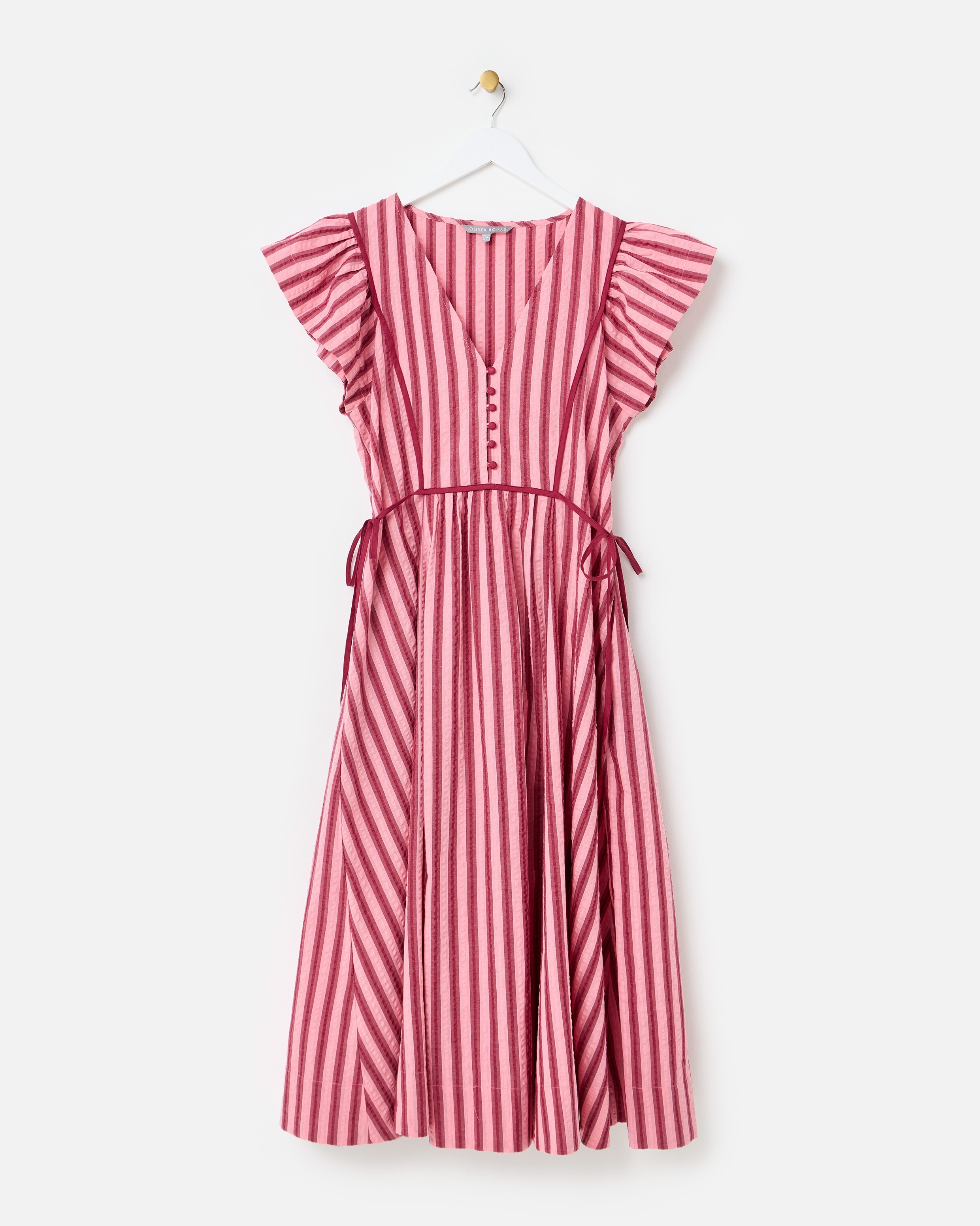 Burgundy & Pink Striped Tie Waist Cotton Midi Dress | Oliver Bonas