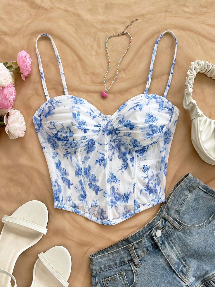 Romantic Vintage Floral Mesh Cami Top for Women, Suitable