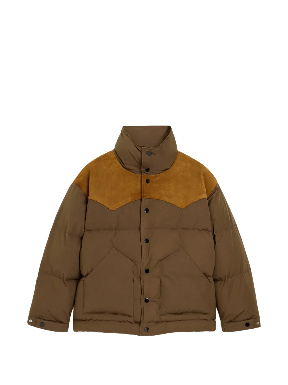 AMI Paris Nylon and Cotton Down Jacket with Leather Panels | Brown |